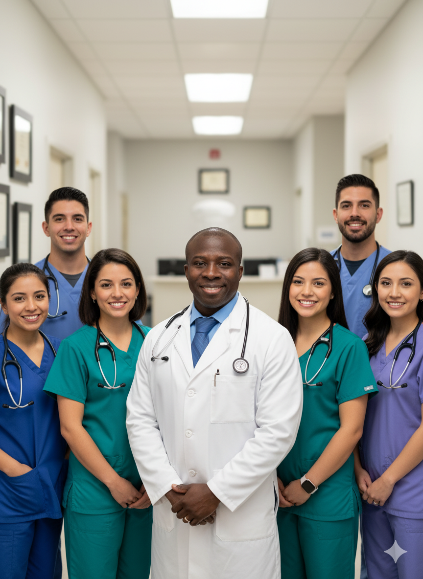 Dr. Douglas Alorgbey with the Zaragoza Family Clinic medical team